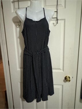 Ann Taylor Navy Polka Dot Sleeveless Tie Waist Stretch Dress